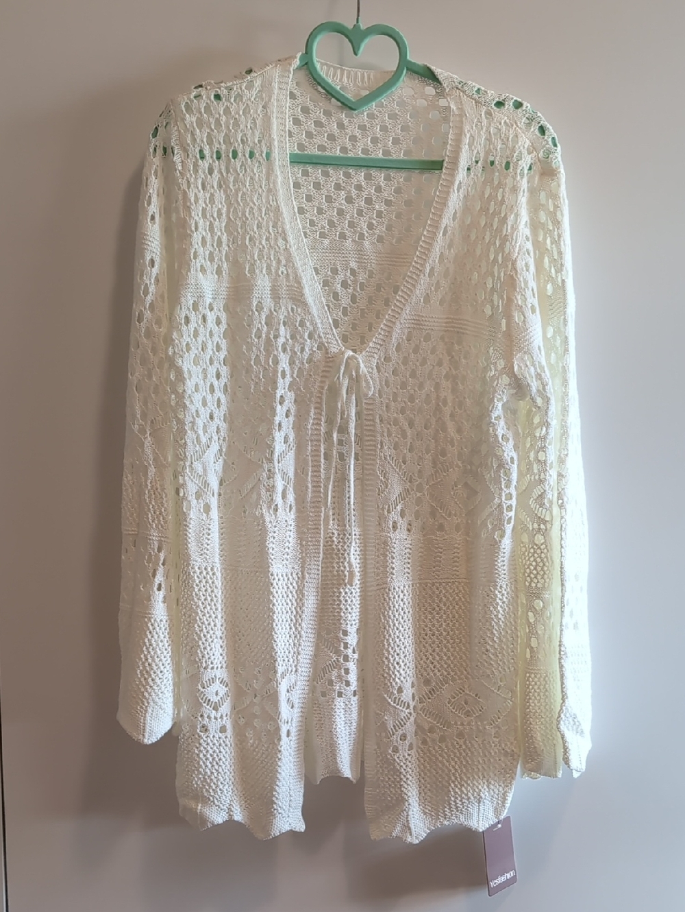 Open-Knit Cream Tie-Front Cardigan Sweater